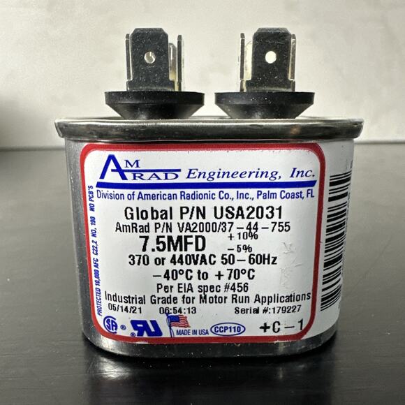 AmRad USA2031 Oval Run Capacitor 7.5 uF MFD 370 / 440 Volt Made in USA - Picture 2 of 6